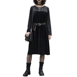 Vintage Velvet Burnout Dress Size 14 Tall Long Sleeve Black Midi Floral